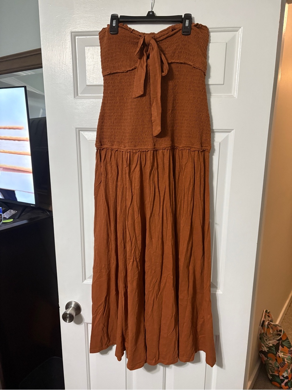 American Eagle Rust Brown Strapless Maxi Dress with Front Tie